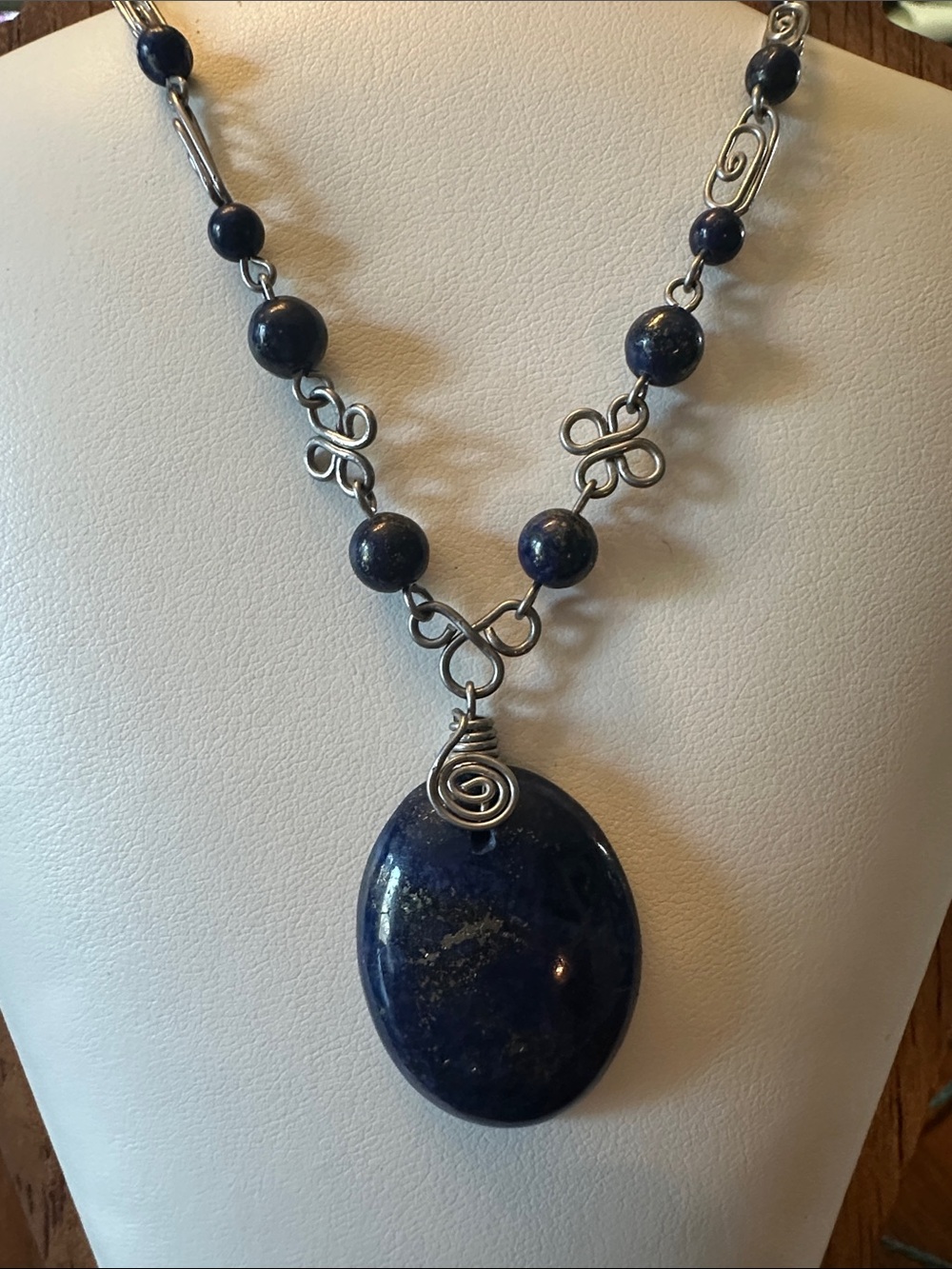 Handmade Lapis Lazuli Pendant Necklace - Deep Blue/Gold 18”